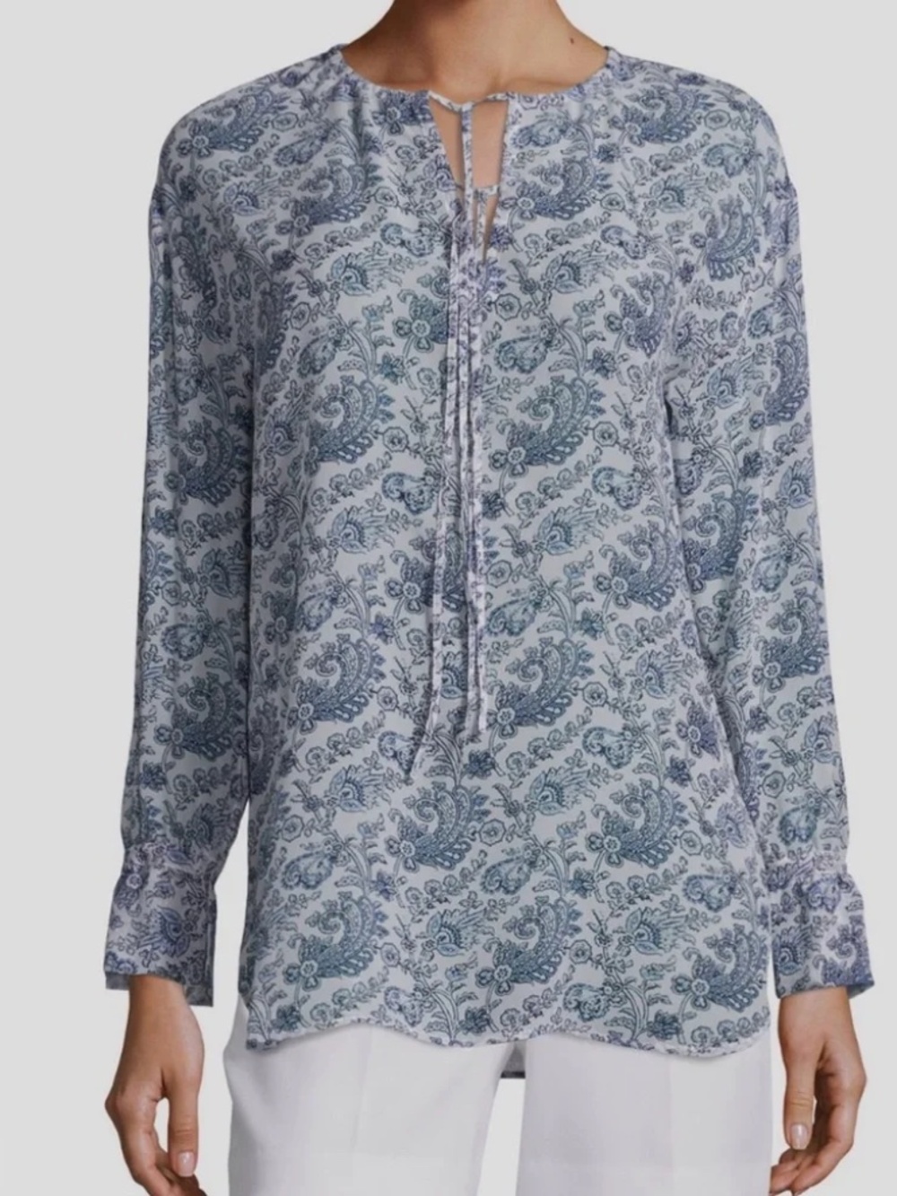 Theory 100% Silk Alrik Blouse S Avery Print Toile Navy Blue White Peasant Shirt